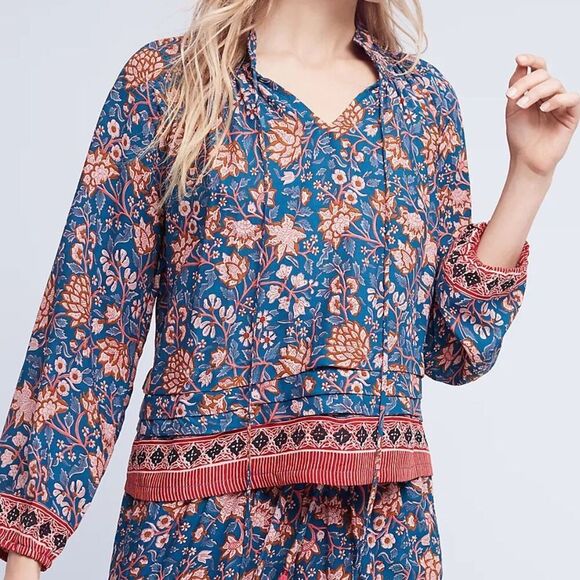 Nat by Natalie Martin Blue Floral Print Tassel Peasant Blouse Size Small - Picture 8 of 8